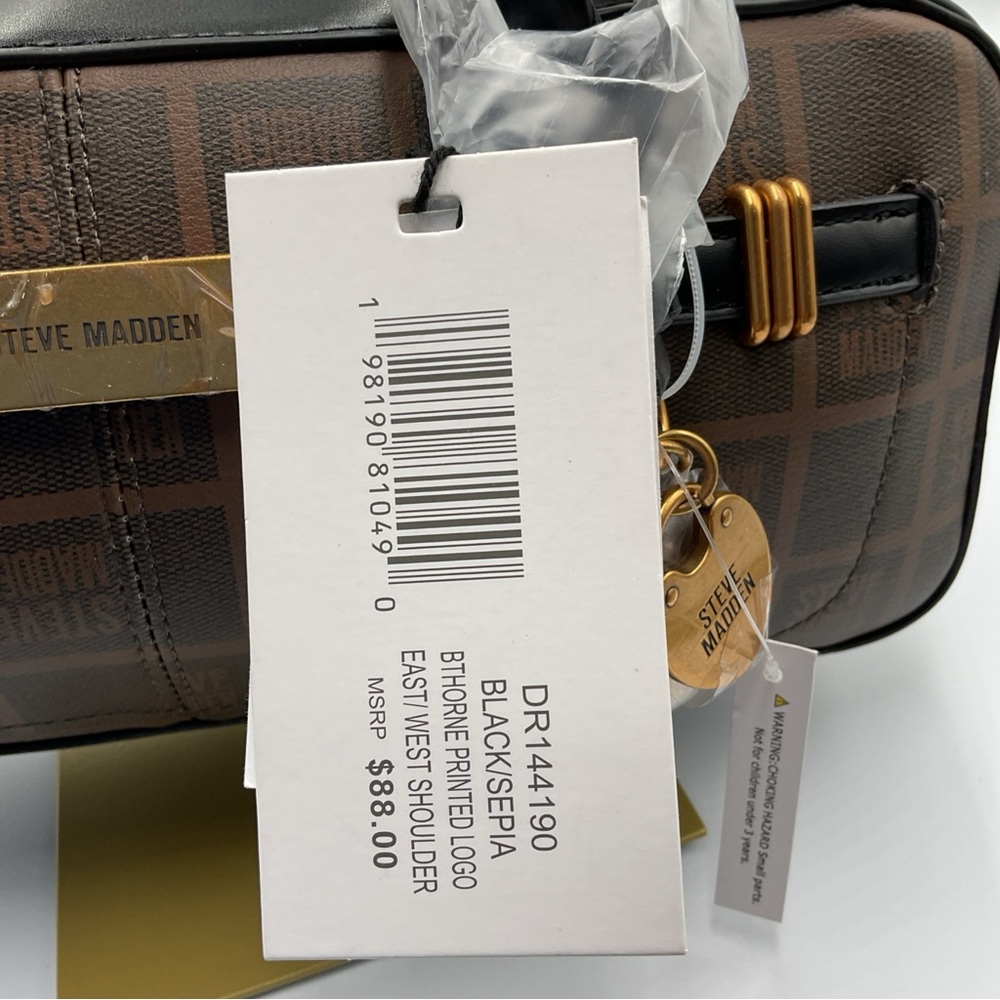 Steve Madden Brown Monogram Shoulder Bag with Black Handles - Picture 7 of 8